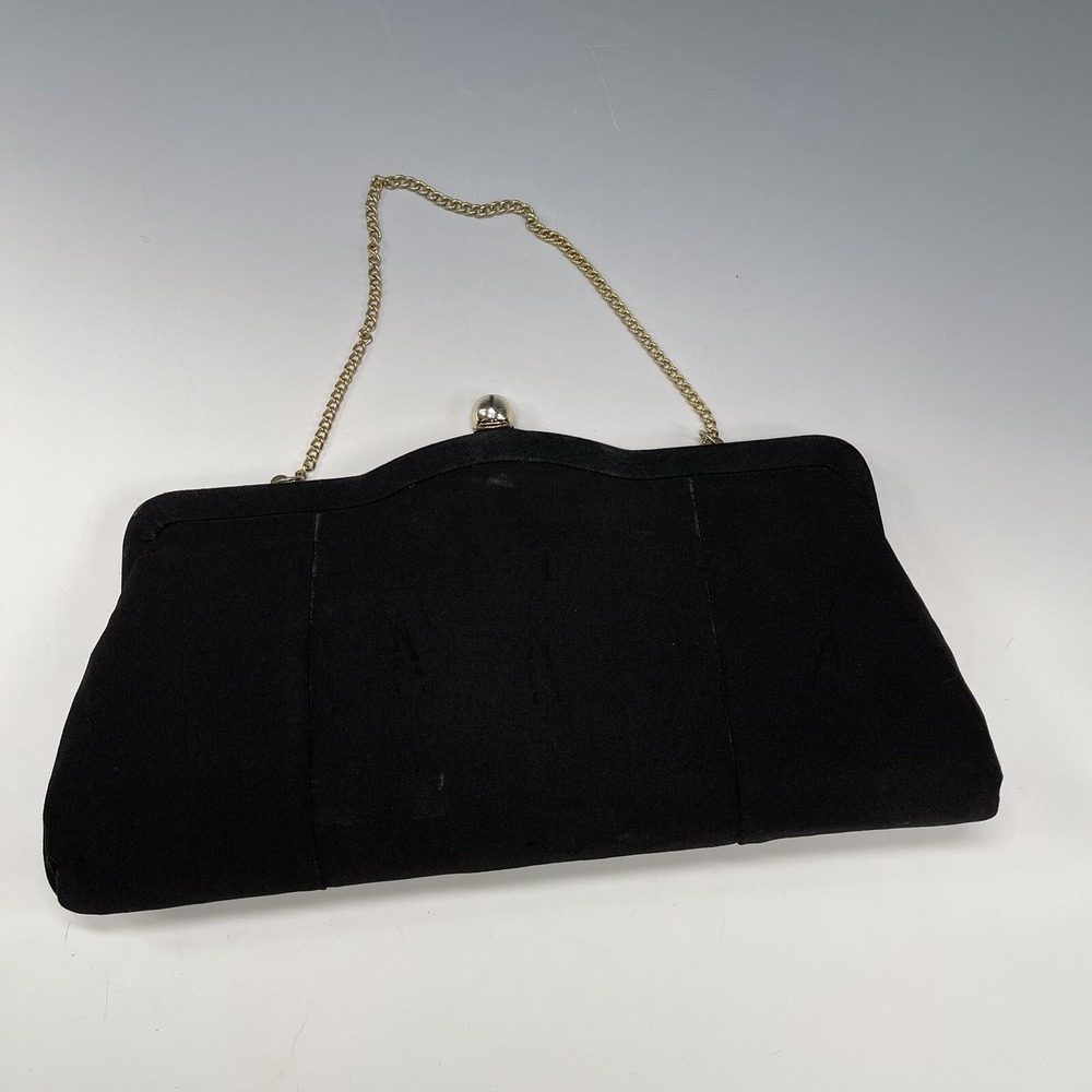 Vintage Evening Glam Wallet Clutch‎ Purse Chain Bag Black Kiss Lock